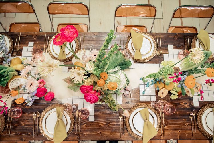 Modern Rectangular Table — Clear Chairs, Floral + Fruit