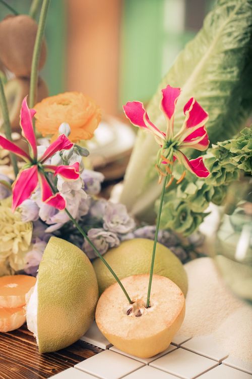 Modern Rectangular Table — Clear Chairs, Floral + Fruit