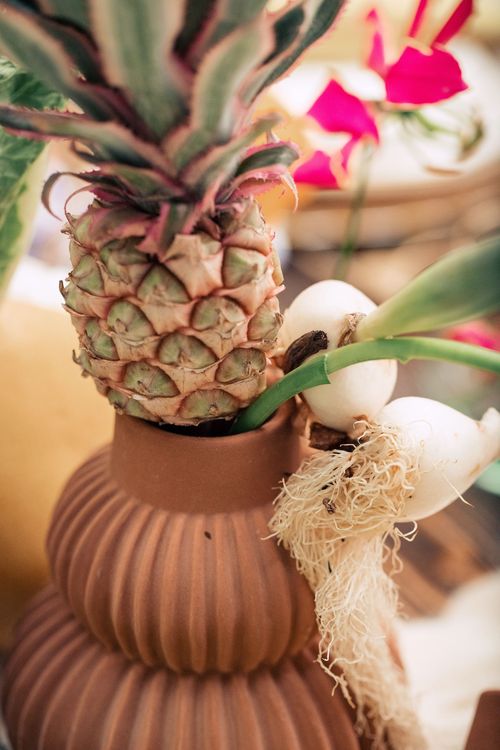 Modern Rectangular Table — Clear Chairs, Floral + Fruit