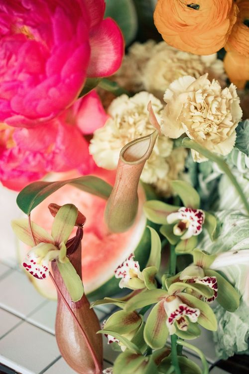 Modern Rectangular Table — Clear Chairs, Floral + Fruit