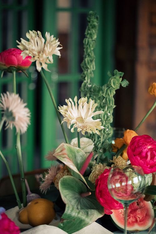 Modern Rectangular Table — Clear Chairs, Floral + Fruit