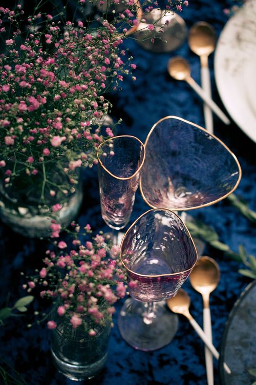 Mountain Dinner — Smoky Glasses & Velvet Tablecloth