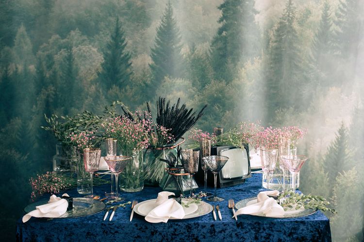 Mountain Dinner — Smoky Glasses & Velvet Tablecloth