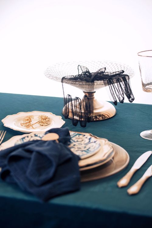 Noir Blue Tablescape — Gold Details