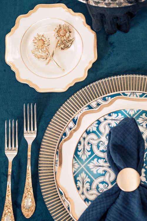 Noir Blue Tablescape — Gold Details