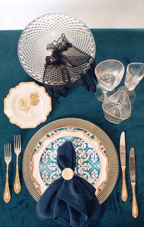 Noir Blue Tablescape — Gold Details