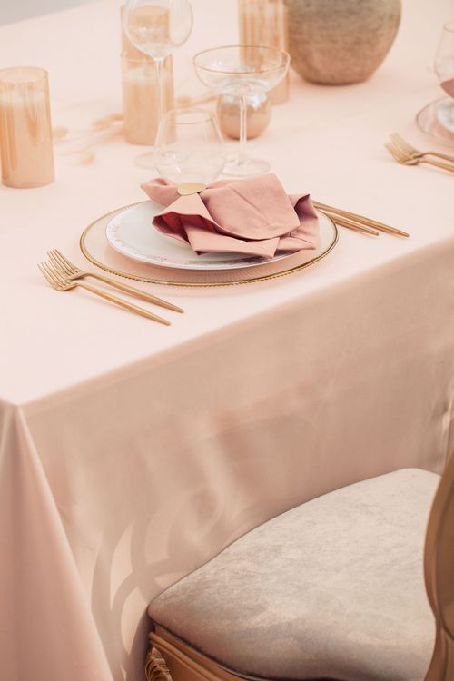 Nude & Powder Palette — Rectangular Table, Clear Glasses, Carved Chairs
