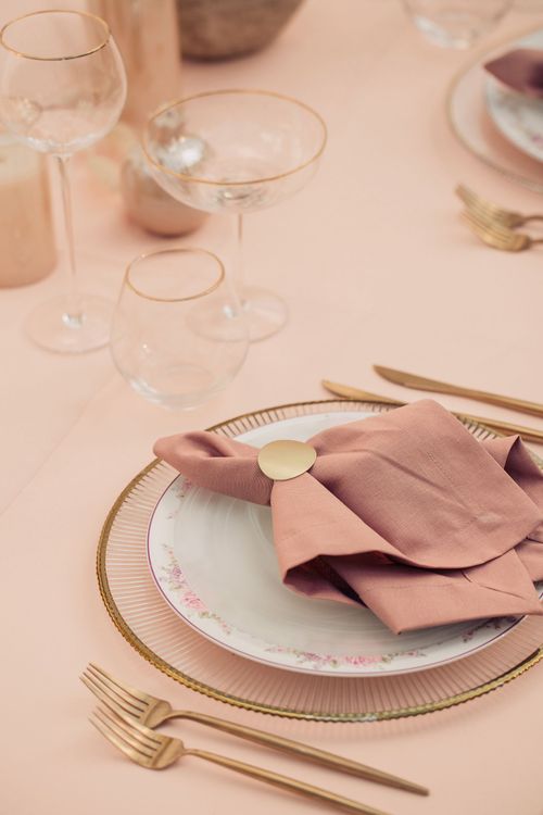 Nude & Powder Palette — Rectangular Table, Clear Glasses, Carved Chairs