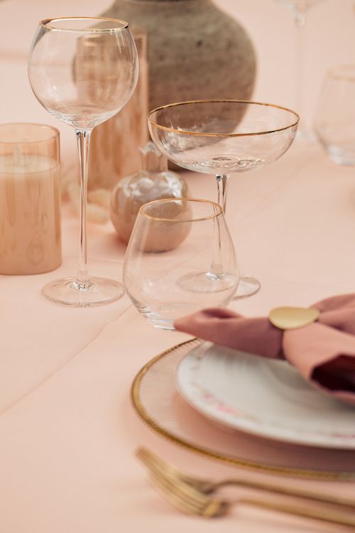 Nude & Powder Palette — Rectangular Table, Clear Glasses, Carved Chairs
