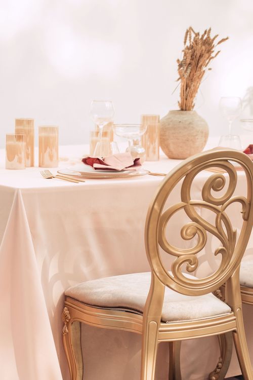 Nude & Powder Palette — Rectangular Table, Clear Glasses, Carved Chairs