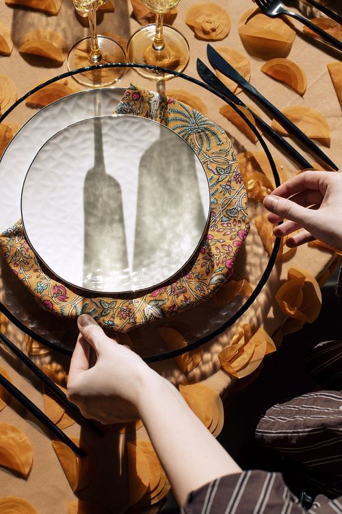Peach table setting at rectangular table