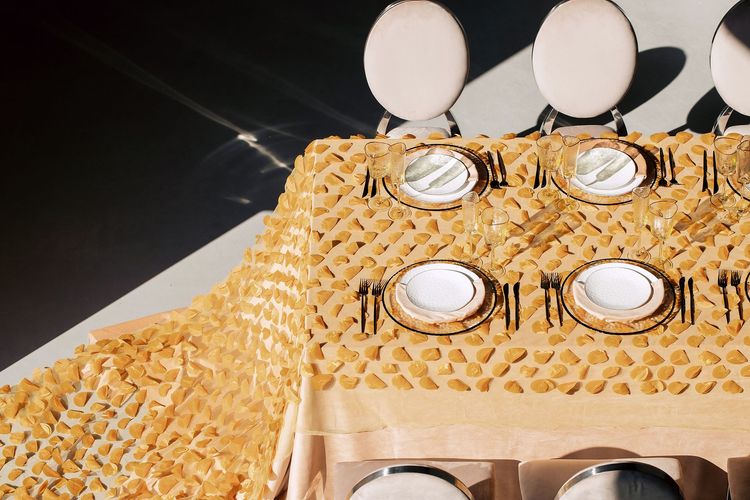 Peach table setting at rectangular table