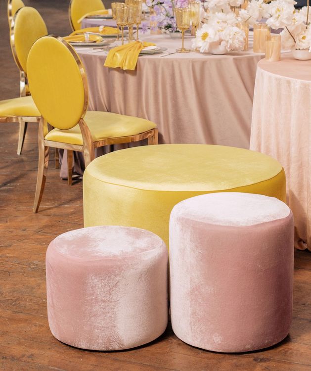 Peach-lavender table setting at caterpillar table