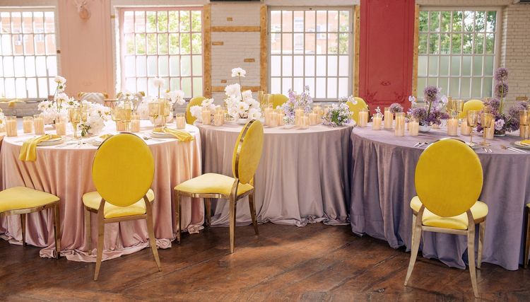 Peach-lavender table setting at caterpillar table