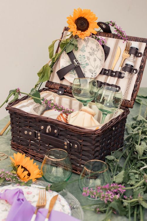 Picnic with glasses and basket