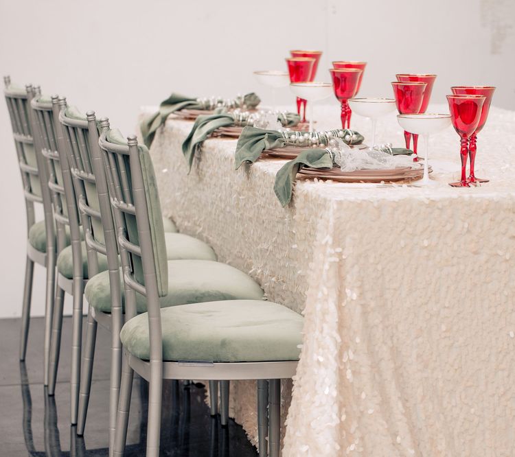 Pistachio-red table setting at rectangular table
