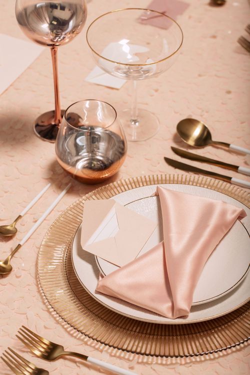 Powder-Palette Romance — Rectangular Table, Copper Glasses, Textured Sequin Cloth