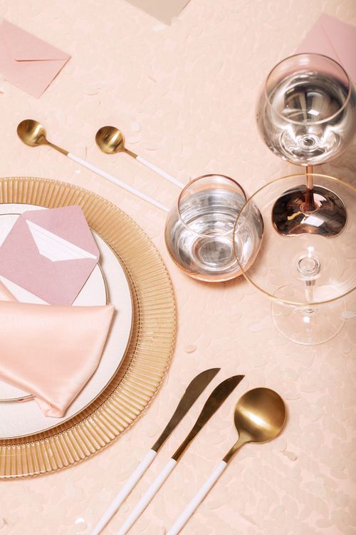 Powder-Palette Romance — Rectangular Table, Copper Glasses, Textured Sequin Cloth