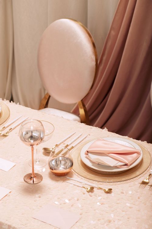 Powder-Palette Romance — Rectangular Table, Copper Glasses, Textured Sequin Cloth