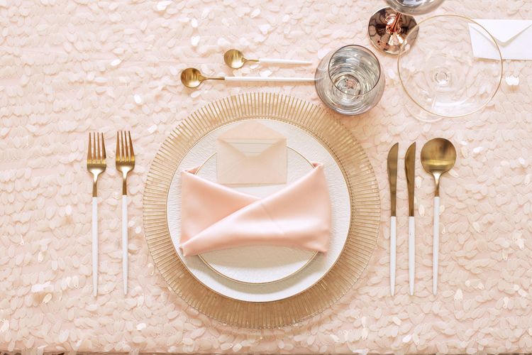 Powder-Palette Romance — Rectangular Table, Copper Glasses, Textured Sequin Cloth