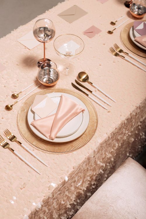 Powder-Palette Romance — Rectangular Table, Copper Glasses, Textured Sequin Cloth