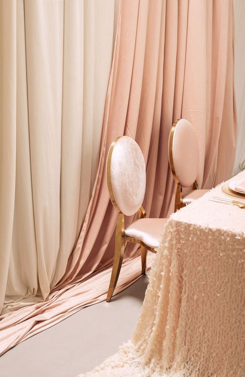 Powder-Palette Romance — Rectangular Table, Copper Glasses, Textured Sequin Cloth