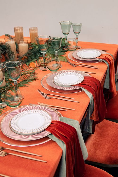 Pumpkin table setting at rectangular table