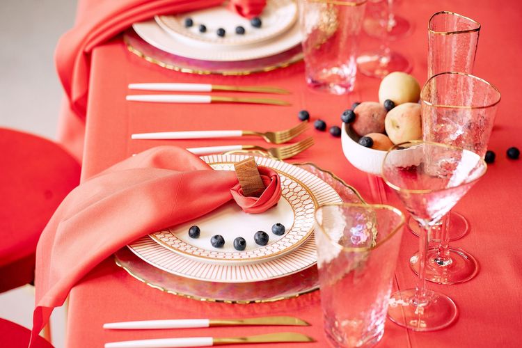 Rectangular Coral Tablescape with Rattan