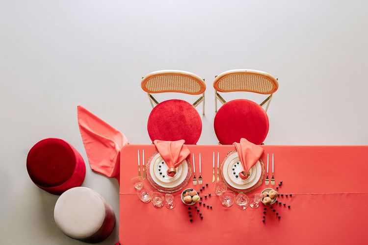 Rectangular Coral Tablescape with Rattan