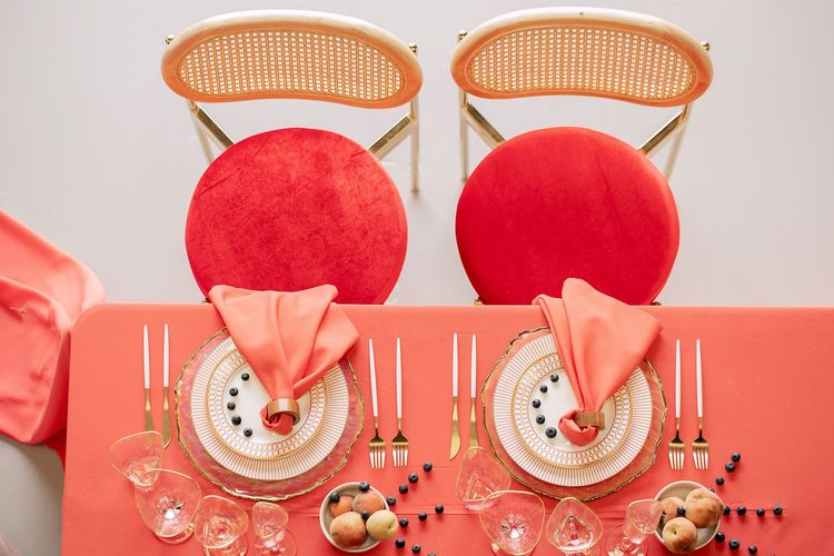 Rectangular Coral Tablescape with Rattan