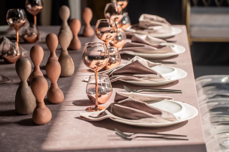 Rectangular Velvet Tablescape with Copper Glasses