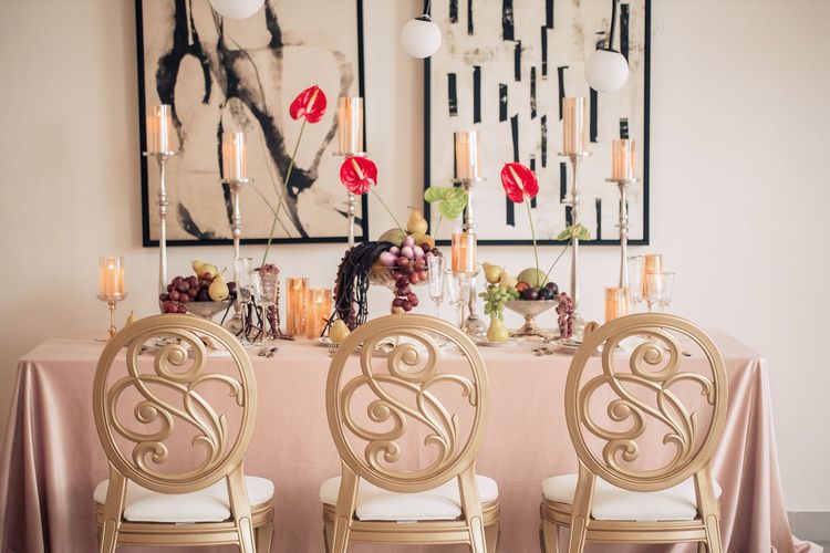 Rectangular table with carved velvet chairs