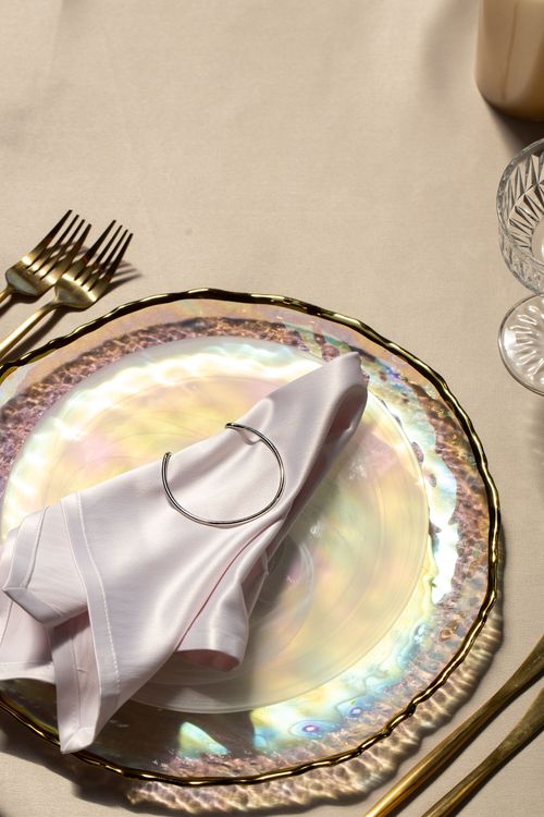 Round Dinner — Pearlescent Plate, Pistachio Glasses & Fern Velvet Chairs
