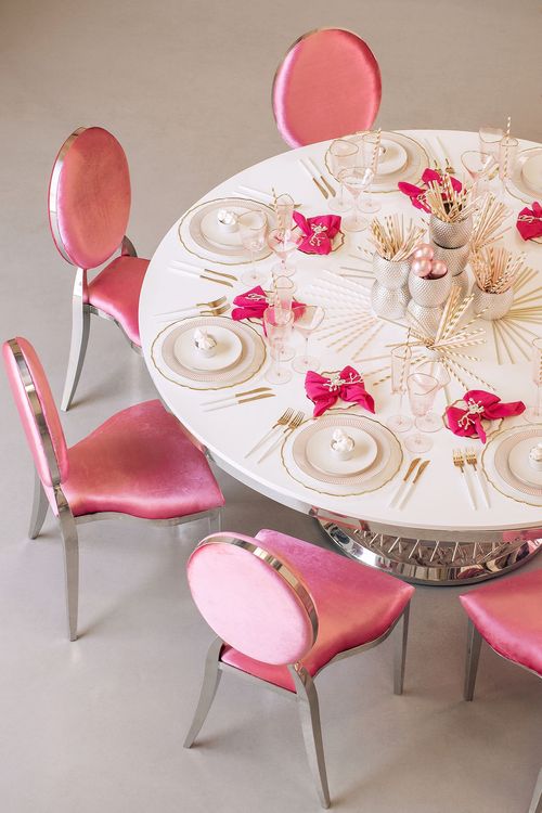 Round Table in Barbie Pink Sequins, Silver Base
