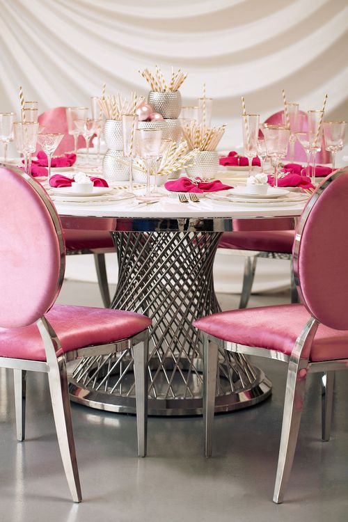 Round Table in Barbie Pink Sequins, Silver Base