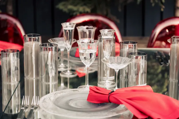 Translucent set with red accents on a white rectangular table