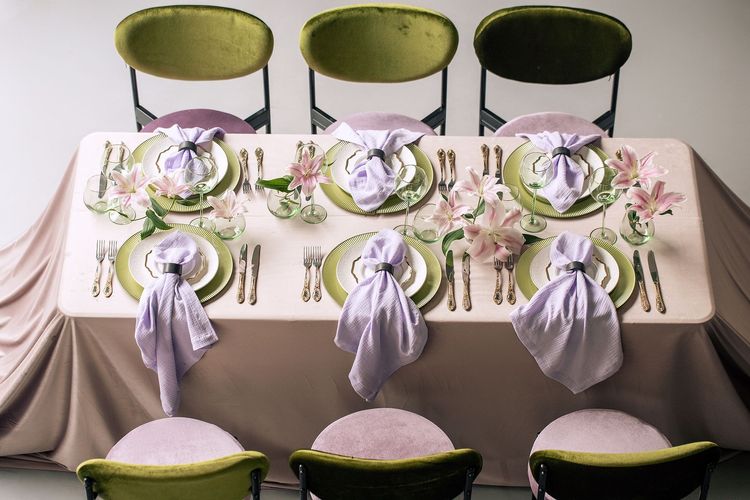 Velvet chairs lilac green shades