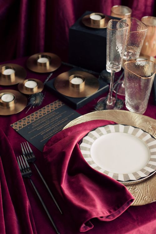 Velvet-Draped Dining — Gold Candles, Burgundy Noir
