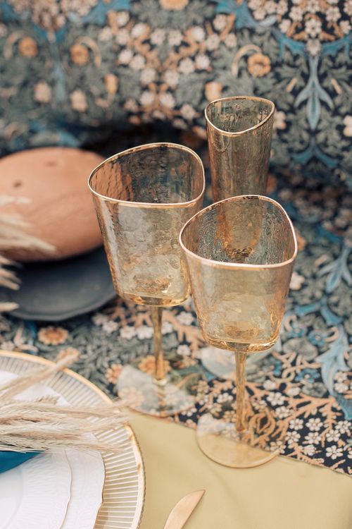 Wheat table setting with blue accent