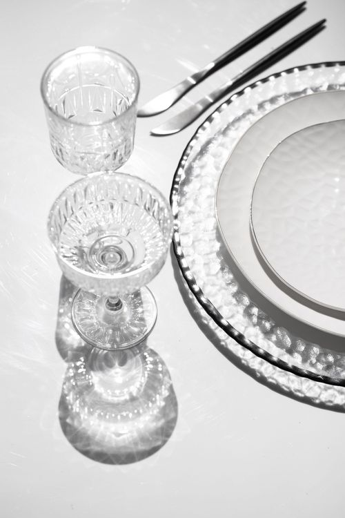White Minimal Tablescape — Silver + Modern Glass