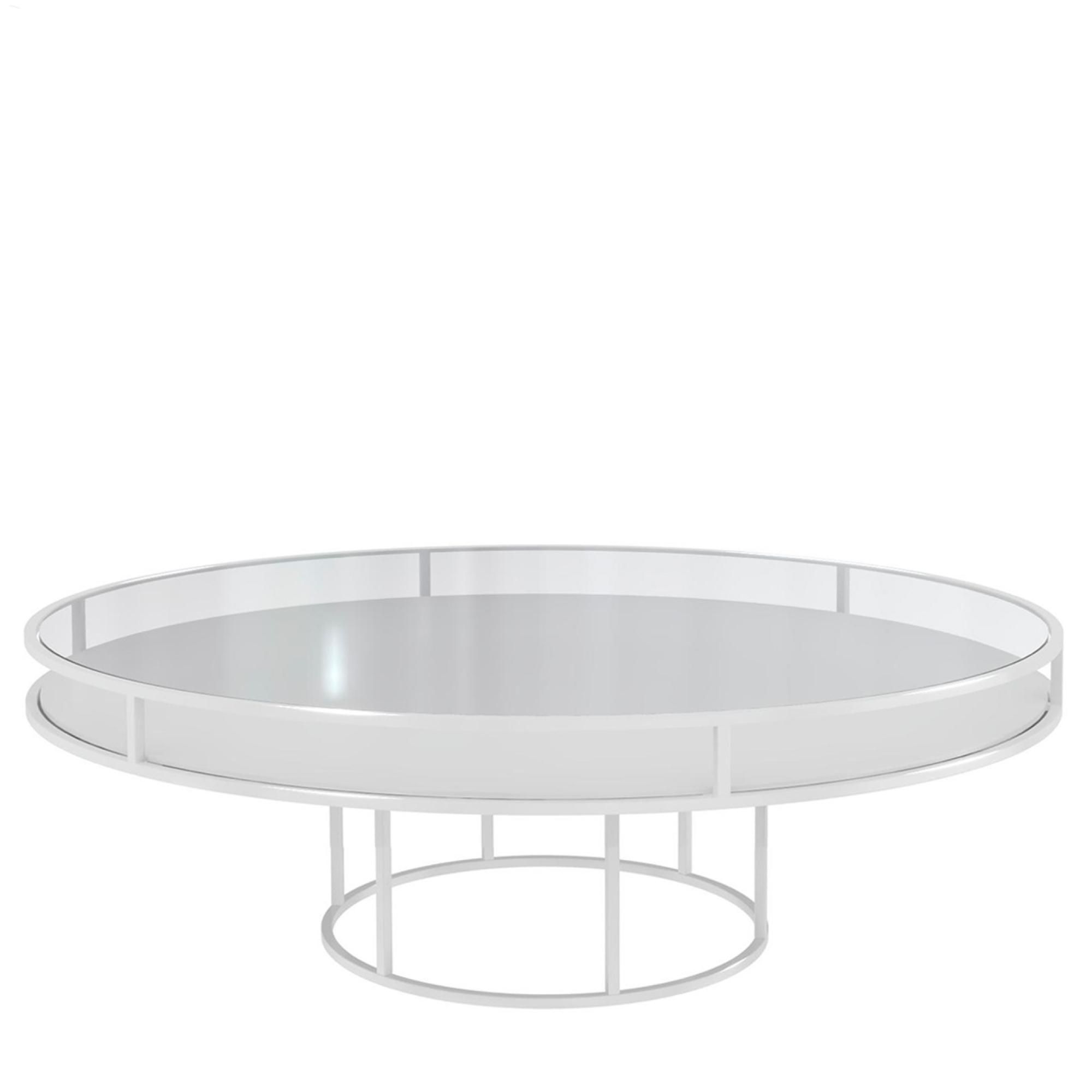 White round CORNELL KIDS table with white plastic shelve and clear glass top