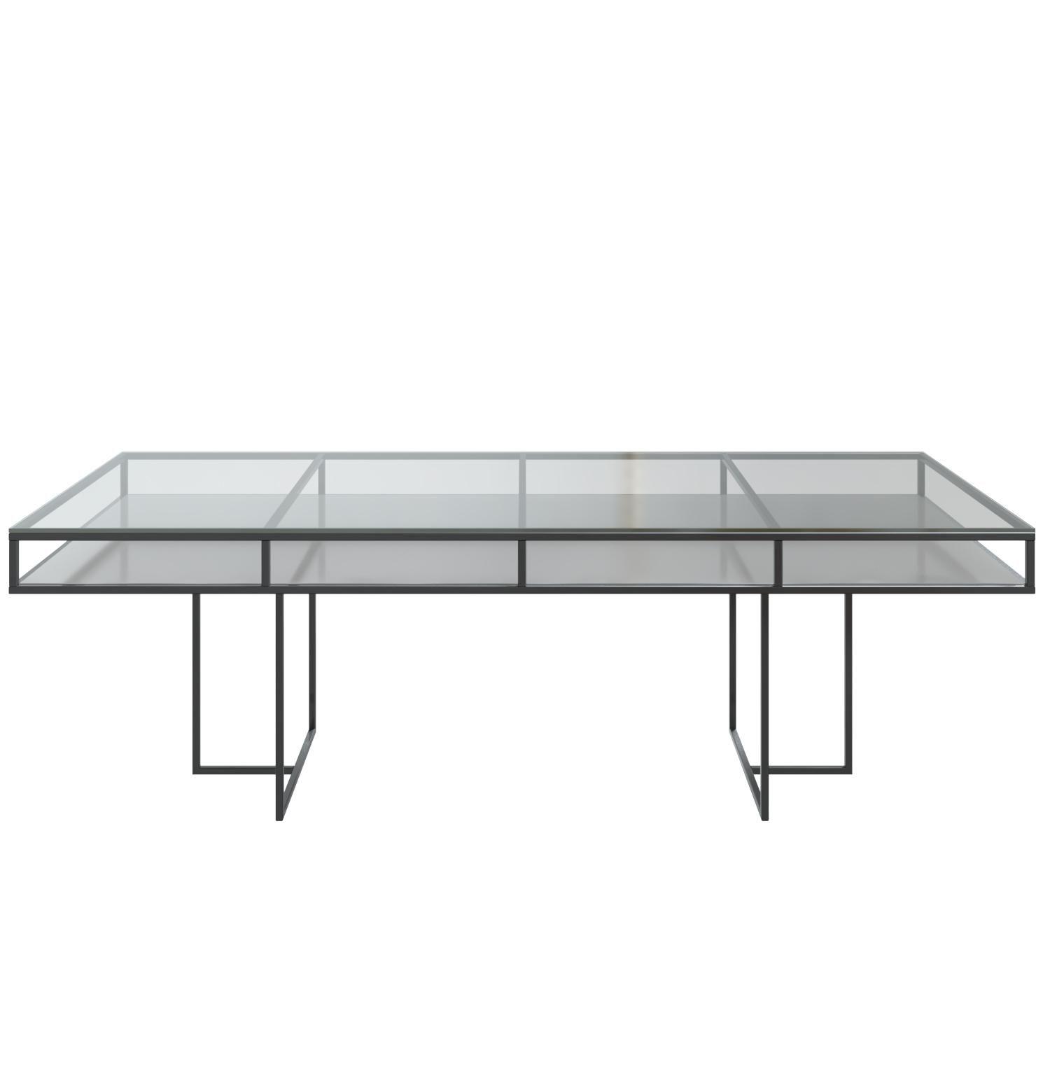 Black rectangular CORNELL table with white plastic shelve and clear glass top
