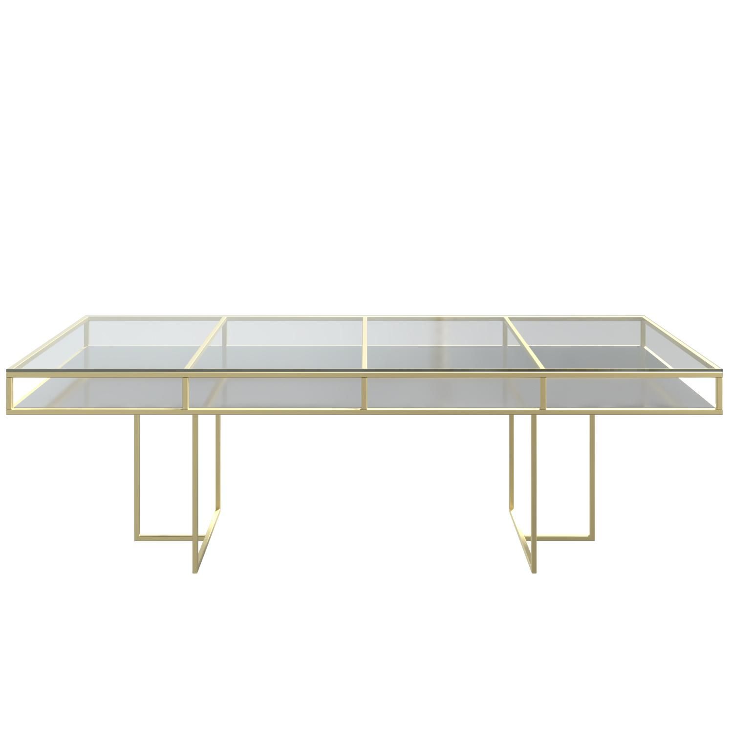 Gold rectangular CORNELL table with white plastic shelve and clear glass top
