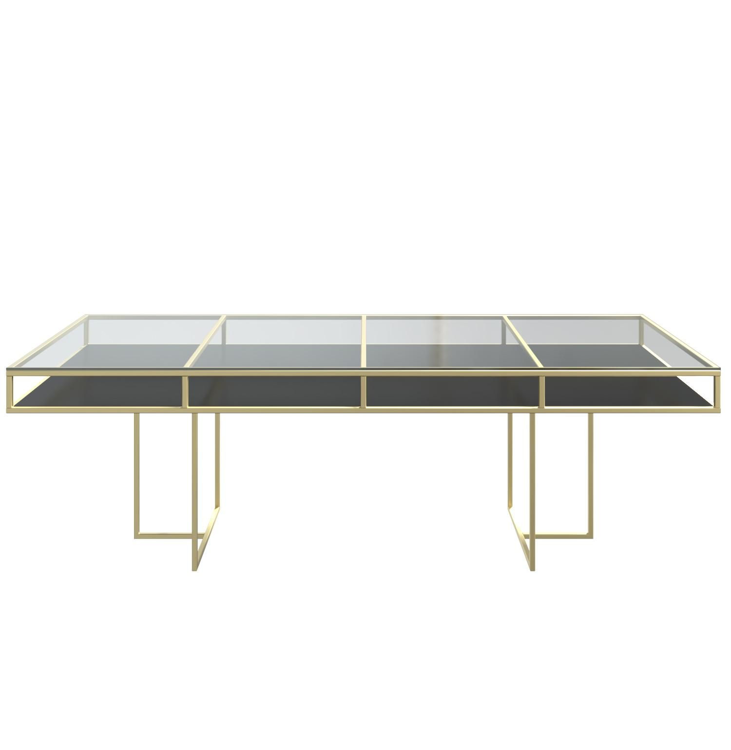 Gold rectangular CORNELL table with black plastic shelve and clear glass top