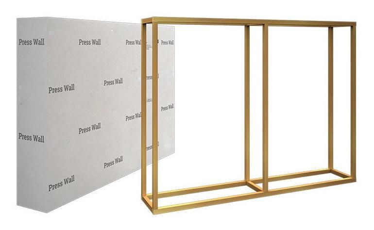 Press wall rental in Dubai — includes black banner and metal frame. Custom-printed banners available on request.