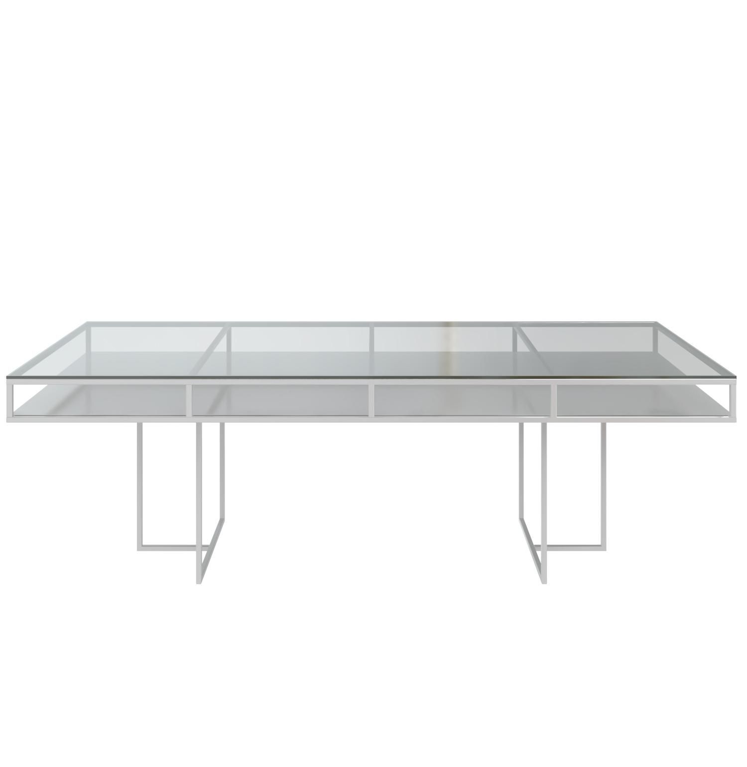 White rectangular CORNELL table with white plastic shelve and clear glass top