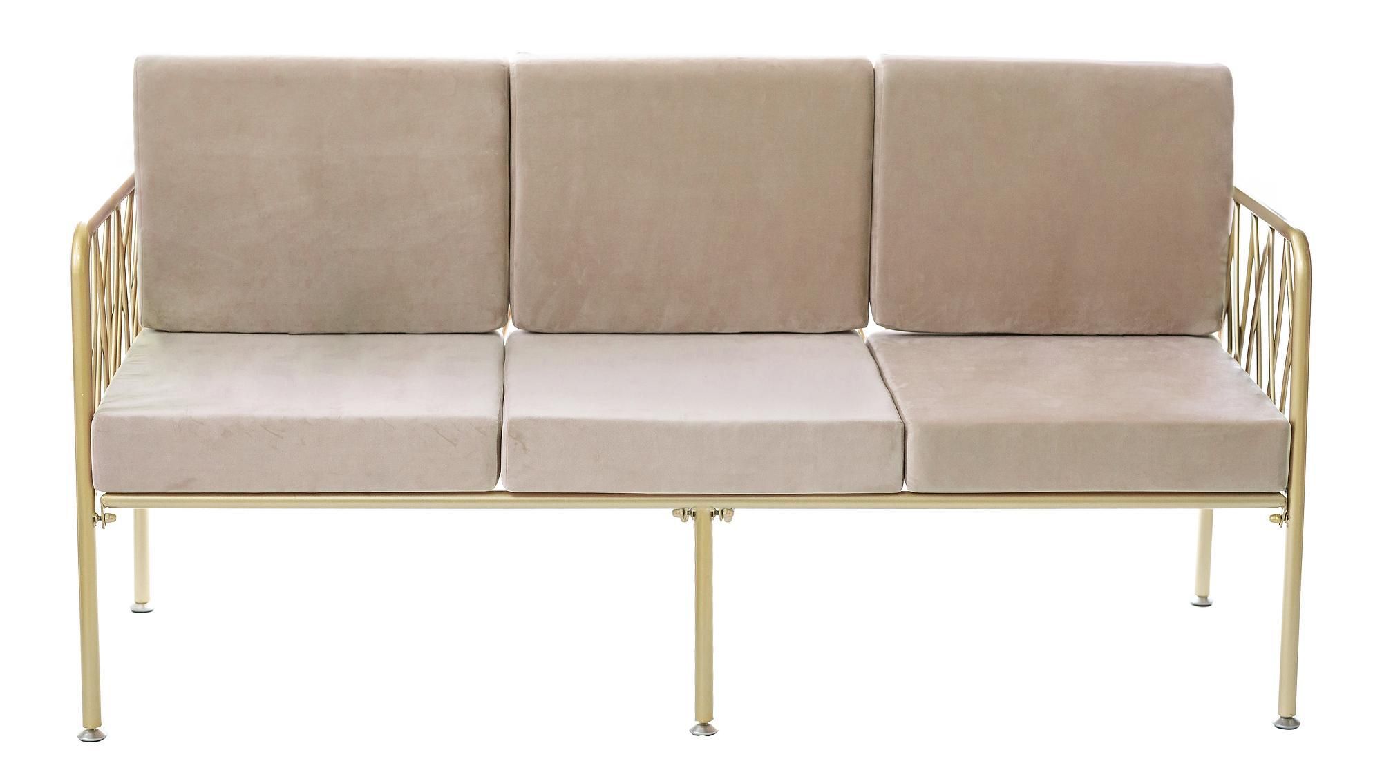 Three-seater lounge sofa with gold metal frame, open back and velvet cushions—centerpiece lounge setup (rental, Dubai).