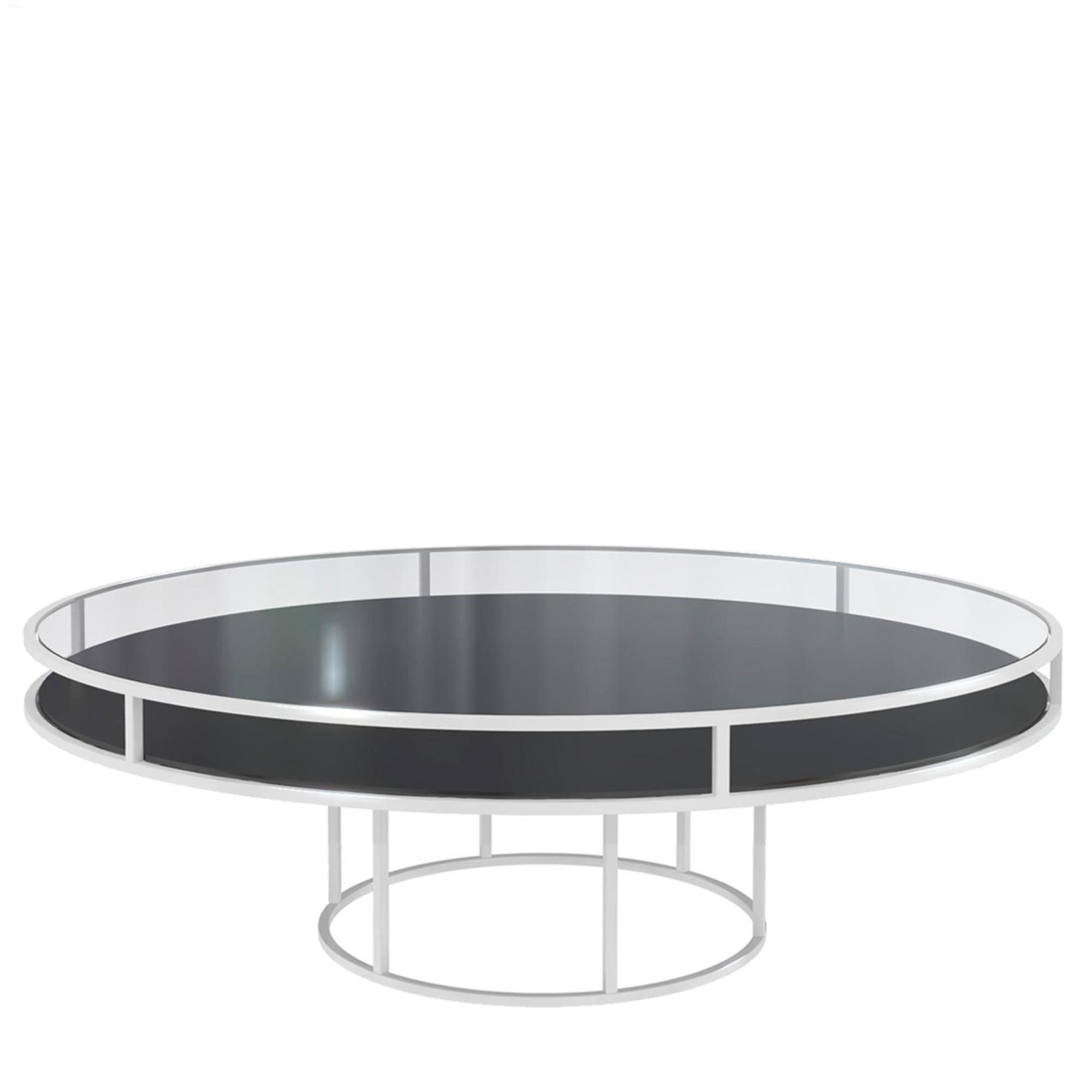 White round CORNELL KIDS table with black plastic shelve and clear glass top