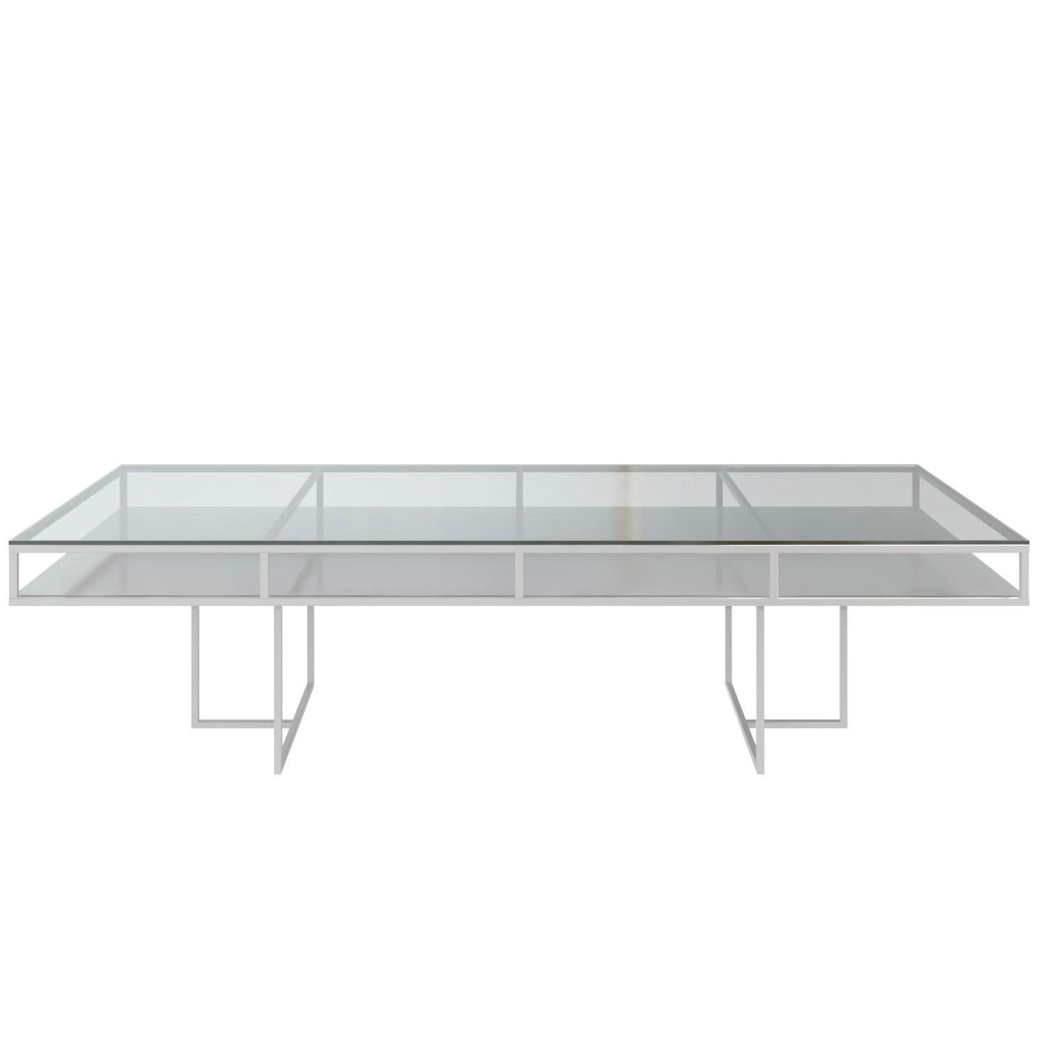 White rectangular CORNELL KIDS table with white plastic shelve and clear glass top