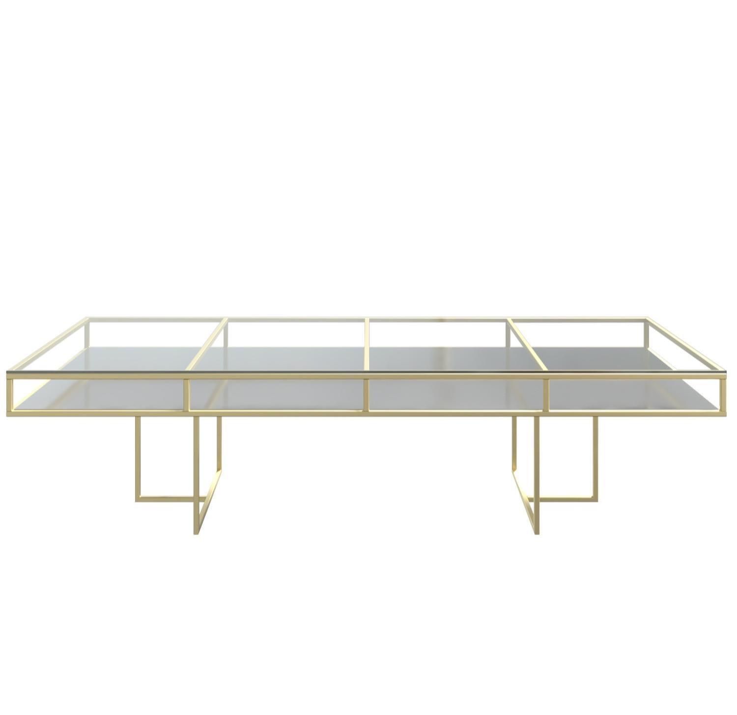 Gold rectangular CORNELL KIDS table with white plastic shelve and clear glass top 